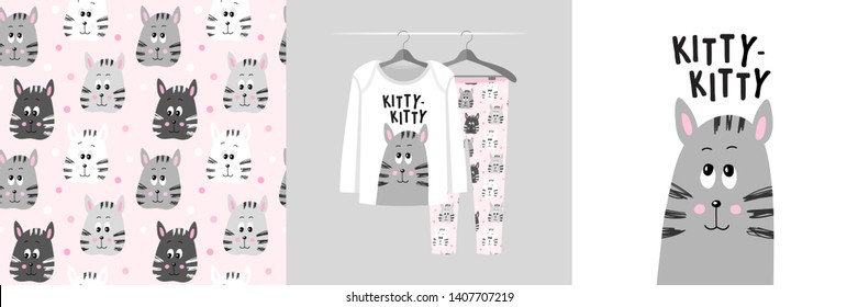 Seamless pattern and illustration for kid with cat, text Kitty-kitty. Cute design pajamas on hanger. Baby background for clothes, room birthday decor, t-shirt, wear fashion, invitation card, wrapping