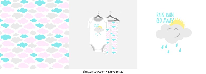 Seamless pattern and illustration for kid with cloud, text Rain rain go away. Cute design pajamas on hanger. Baby background for clothes, birthday decor, t-shirt print, wear fashion, invitation card