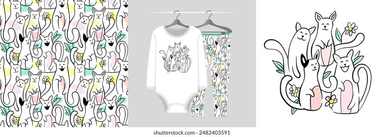 Seamless pattern and illustration for kid with the company of cute cats. Kiss you text. Cute design pajamas. Baby background for fashion t-shirt print, birthday invitation card, wrapping