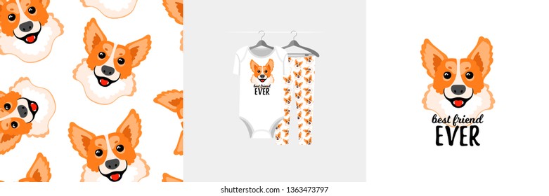 Seamless pattern and illustration for kid with corgi, text Best friend ever. Cute design on pajamas mockup. Baby background for clothes wear, room decor, t-shirt, baby shower invitation, wrapping