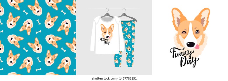 Seamless pattern and illustration for kid with corgi, text Funny day. Cute design pajamas on hanger. Baby turquoise background for fashion clothes, room decor, t-shirt print, baby shower, wrapping