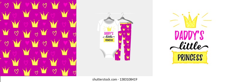 Seamless pattern and illustration for kid with crown, quote Daddy's little princess. Cute design pajamas on hanger. Baby background for clothes, room birthday decor, t-shirt print, kids wear fashion