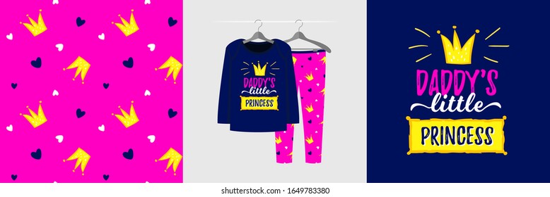 Seamless pattern and illustration for kid with crown, quote Daddy's little princess. Cute design pajamas on hanger. Baby background for clothes, room birthday decor, t-shirt print, kids wear fashion