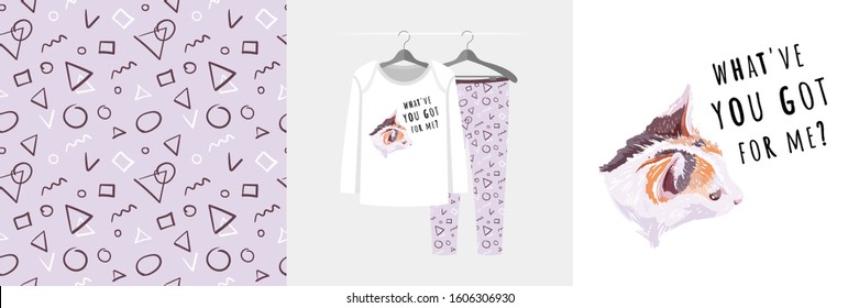 Seamless pattern and illustration for kid with curious kitten, What've you got for me? Cute design pajamas, baby background for clothes, room birthday decor, t-shirt print, kids wear fashion, wrapping