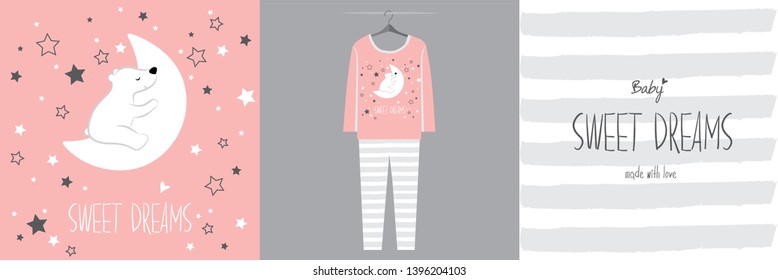 Seamless pattern and illustration for kid with cute bears. Lovely pink color for girl. Sweet design pajamas on hanger. Baby background for clothes, room birthday decor, t-shirt print, kid wear fashion