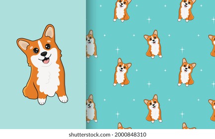 Seamless pattern and illustration for kid with cute corgi. Baby background for t-shirt print, packaging, wrapping paper, etc. Vector corgi animal background. Funny little doggy.