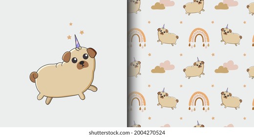 Patrón e ilustración sin inconveniente para niños con pug lindo y arco iris. Fondo del bebé para la impresión de camisetas, embalaje, papel de embalaje, etc. Fondo animal de la pulpa vectorial. Es gracioso.