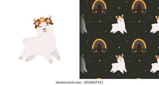 Seamless pattern and illustration for kid with cute alpaca (llama) and rainbow. Baby background for t-shirt print, packaging, wrapping paper, etc. Vector animal background.