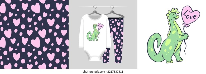 Seamless pattern and illustration for a kid with dinosaur with balloon, text Love. Cute design pajamas on the hanger. Baby background for fashion wear, t-shirt print, baby shower, wrapping