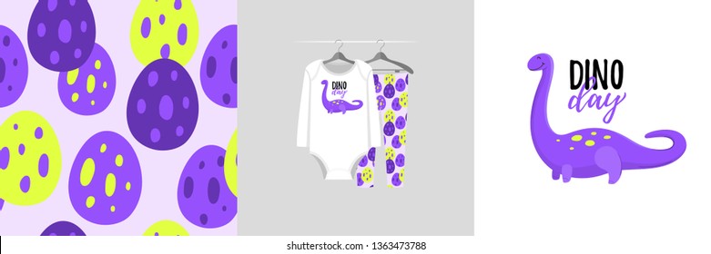 Seamless pattern and illustration for kid with dinosaurs, text Dino day. Cute design on pajamas mockup. Baby background for clothes wear, room decor, t-shirt, baby shower invitation, wrapping