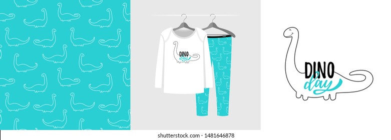 Seamless pattern and illustration for kid with dinosaurs, text Dino day. Cute design on pajamas mockup. Baby background for clothes wear, room decor, t-shirt, baby shower invitation, wrapping