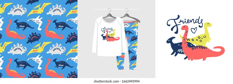 Seamless pattern and illustration for a kid with dinosaurs, text Friends. Cute design pajamas on the hanger. Baby background for fashion wear, t-shirt print, baby shower, wrapping