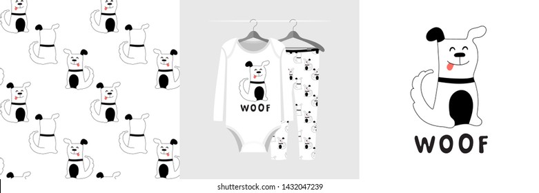 Seamless pattern and illustration for kid with dog, text Woof. Cute design pajamas on hanger. Baby background for clothes, room birthday decor, t-shirt print, wear fashion, invitation card, wrapping