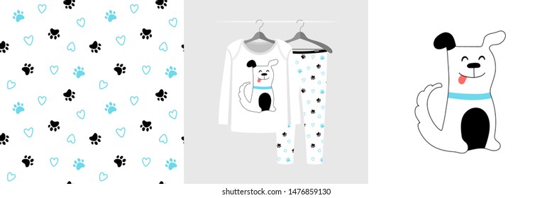 Seamless Pattern And Illustration For Kid With Dog And Footprints. Cute Design Pajamas On Hanger. Baby Background For Clothes, Birthday Decor, T-shirt Print, Wear Fashion, Invitation Card, Wrapping