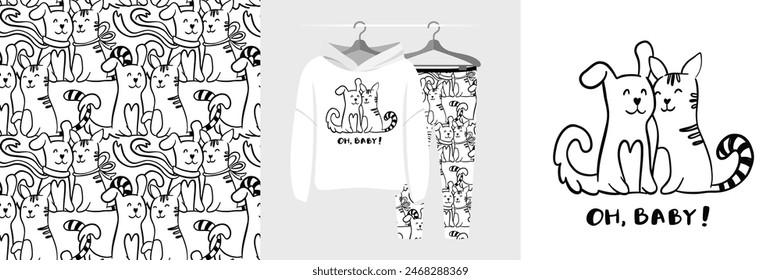 Seamless pattern and illustration for kid with dog and cat. Best friends bundle. Oh, baby text. Cute design pajamas. Baby background for fashion t-shirt print, birthday invitation card, wrapping