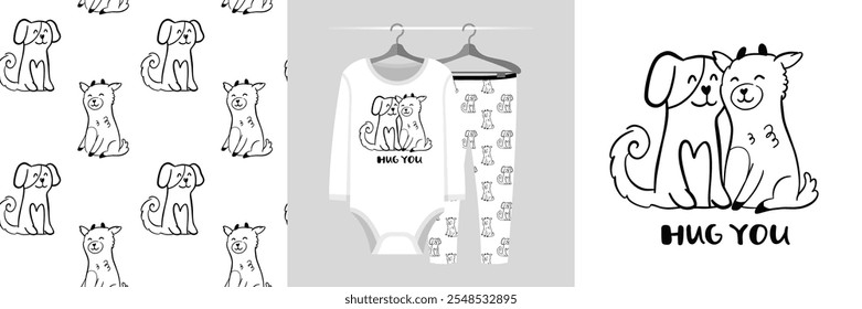 Seamless pattern and illustration for kid with dog and a little goat. Best friends bundle. Hug you text. Cute design pajamas. Baby background for fashion t-shirt print, birthday invitation card