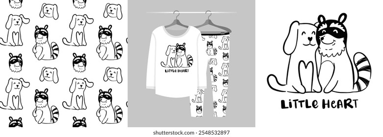 Padrão perfeito e ilustração para criança com cão e guaxinim. O pacote dos melhores amigos. Texto de coração pequeno. Pijamas de design bonito. Fundo do bebê para impressão de t-shirt da moda, cartão de convite de aniversário