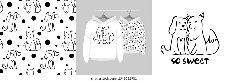 Seamless pattern and illustration for kid with dog and a fox. Best friends bundle. So sweet text. Cute design pajamas. Baby background for fashion t-shirt print, birthday invitation card, wrapping