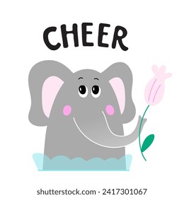 Patrón e ilustración sin inconvenientes para un niño con elefante y texto Cheer. Fondo de diseño, ropa de bebé, decoración de cumpleaños de habitación, impresión de camisetas, ropa de moda, tarjeta de invitación