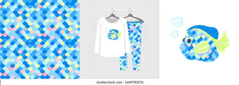 Seamless pattern and illustration for kid with exotic fish and bubbles. Cute design pajamas on the hanger. Baby background for clothes, room birthday decor, fashion t-shirt print, wrapping