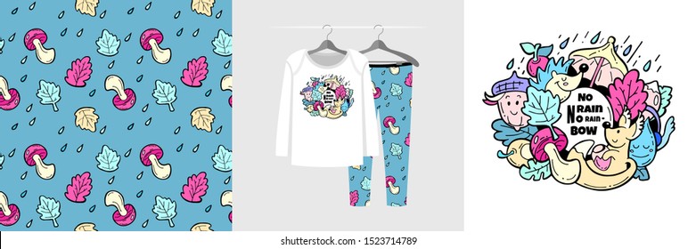 Seamless pattern and illustration for kid with forest creatures, text No rain No rainbow. Pajamas design, baby background for fashion clothes wear, room decor, t-shirt print, baby shower, wrapping