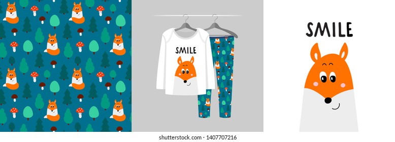 Seamless pattern and illustration for kid with fox, text Smile. Cute design pajamas on hanger. Baby background for clothes, room birthday decor, t-shirt print, wear fashion, invitation card, wrapping