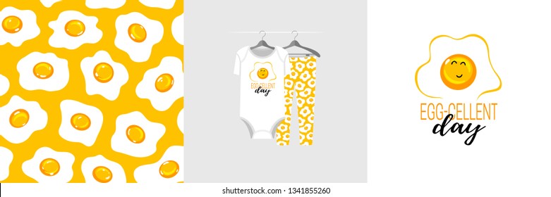 Seamless pattern and illustration for kid with fried egg, text Egg-cellent day. Cute design pajamas on hanger. Baby background for clothes wear fashion, room decor, t-shirt, baby shower invitation