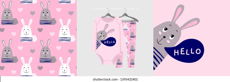 Seamless pattern and illustration for kid with funny rabbit says hello. Cute design pajamas on hanger. Baby background for clothes, room birthday decor, t-shirt print, kids wear fashion, wrapping