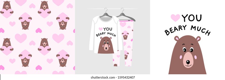 Seamless pattern and illustration for kid with funny bear, I love you beary much. Cute design pajamas on hanger. Baby background for clothes, room birthday decor, t-shirt print, kids fashion, wrapping