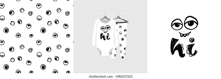 Seamless pattern and illustration for kid with funny monster face. Cute design pajamas on hanger. Baby background for clothes, room birthday decor, t-shirt print, kids wear fashion, wrapping