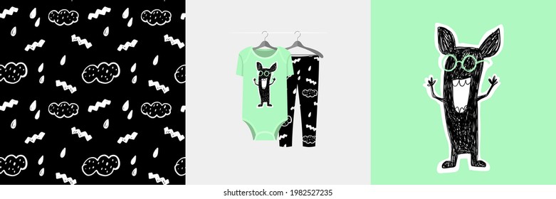 Seamless pattern and illustration for kid with funny toothy monster. Cute design pajamas on hanger. Baby background for clothes, room birthday decor, t-shirt print, kids wear fashion, wrapping