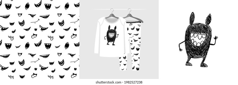 Seamless pattern and illustration for kid with funny toothy monster. Cute design pajamas on hanger. Baby background for clothes, room birthday decor, t-shirt print, kids wear fashion, wrapping