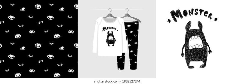 Seamless pattern and illustration for kid with funny toothy monster. Cute design pajamas on hanger. Baby background for clothes, room birthday decor, t-shirt print, kids wear fashion, wrapping