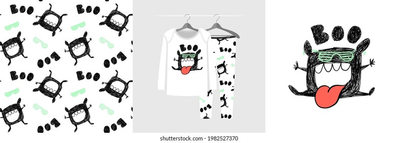 Seamless pattern and illustration for kid with funny monster face. Cute design pajamas on hanger. Baby background for clothes, room birthday decor, t-shirt print, kids wear fashion, wrapping