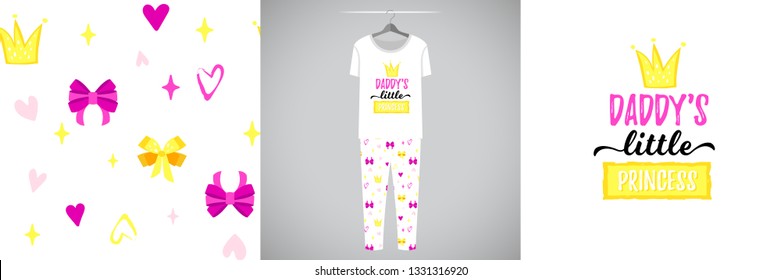 Seamless pattern and illustration for kid with game quote Daddy's little princess. Cute design pajamas on hanger. Baby background for clothes, room birthday decor, t-shirt print, kids wear fashion