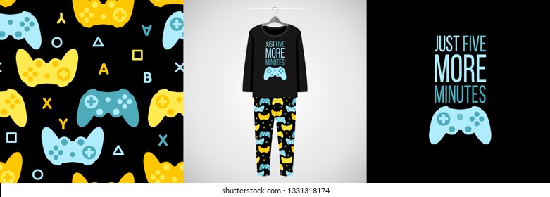 Seamless pattern and illustration for kid with game quote Just five more minutes. Cute design pajamas on hanger. Baby background for clothes, room birthday decor, t-shirt print, kids wear fashion