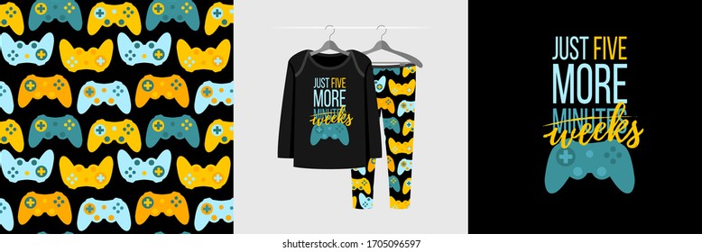 Seamless pattern and illustration for a kid with game quote Just five more weeks. Cute design pajamas on a hanger. Baby background for clothes, room birthday decor, t-shirt print, kids wear fashion