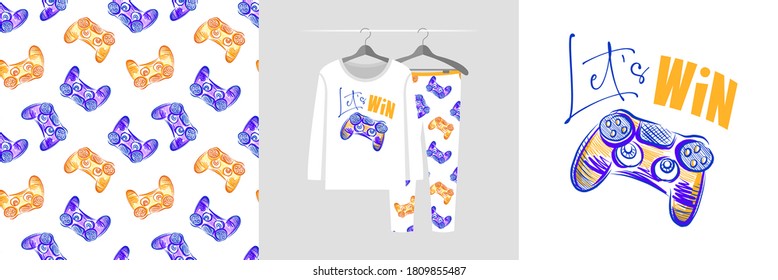 Seamless pattern and illustration for kid with game quote Let's Win. Cute design pajamas on hanger. Baby background for clothes, room birthday decor, t-shirt print, kids wear fashion