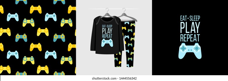 Seamless pattern and illustration for kid with gamepad and quote Eat Sleep Play Repeat. Cute design pajamas on hanger. Baby background for clothes, room birthday decor, fashion t-shirt print, wrapping