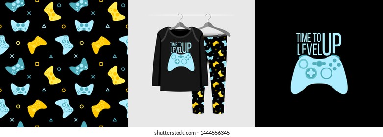 Seamless pattern and illustration for kid with gamepad and quote Time to level up. Cute design pajamas on hanger. Baby background for clothes, room birthday decor, fashion t-shirt print, wrapping