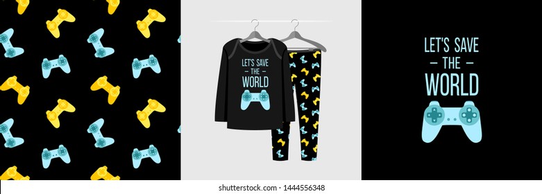 Seamless pattern and illustration for kid with gamepad and quote Let's save the world. Cute design pajamas on hanger. Baby background for clothes, room birthday decor, fashion t-shirt print, wrapping