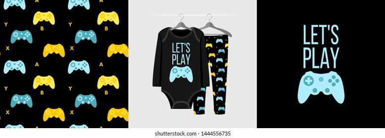 Seamless pattern and illustration for kid with gamepad and text Let's play. Cute design pajamas on hanger. Baby background for clothes, room birthday decor, fashion t-shirt print, wrapping