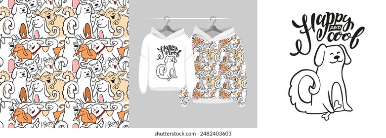 Seamless pattern and illustration for kid with happy dog. Best friends bundle. Happy and cool text. Cute design Hoodie. Baby background for fashion t-shirt print, birthday invitation card, wrapping