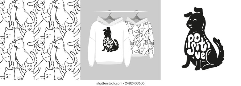 Seamless pattern and illustration for kid with happy black dog. Best friends bundle. Positive
text. Cute design Hoodie. Baby background for fashion t-shirt print, birthday invitation card, wrapping