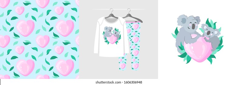 Seamless pattern and illustration for kid with heart, mother koala and baby. Cute design pajamas on hanger. Baby background for clothes, room birthday decor, t-shirt print, kids wear fashion, wrapping