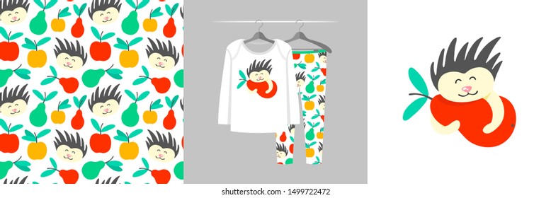 Seamless pattern and illustration for kid with hedgehog hugs pear. Cute design pajamas on hanger. Baby background for fashion clothes wear, room decor, t-shirt print, baby shower, wrapping