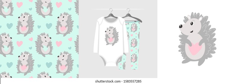 Seamless pattern and illustration for kid with hedgehog. Cute design pajamas on hanger. Baby background for clothes, room birthday decor, t-shirt print, kids wear fashion, wrapping