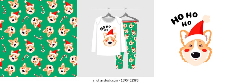 Seamless pattern and illustration for kid with Ho Ho Ho Santa corgi dog. Cute design pajamas on hanger. Baby background for clothes, room birthday decor, t-shirt print, kids wear fashion, wrapping