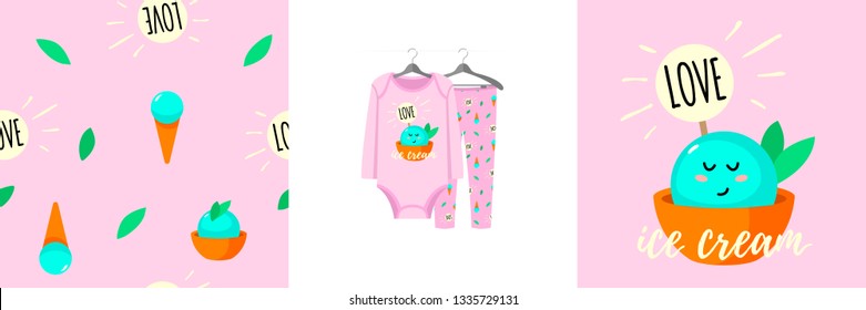 Seamless pattern and illustration for kid with ice cream. Cute creamy design pajamas on hanger. Baby background for fashion clothes wear, room decor, t-shirt print, baby shower invitation, wrapping