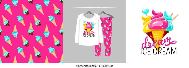 Seamless pattern and illustration for kid with ice cream cones. Cute design pajamas on hanger. Baby background for fashion clothes wear, room decor, t-shirt print, baby shower, wrapping